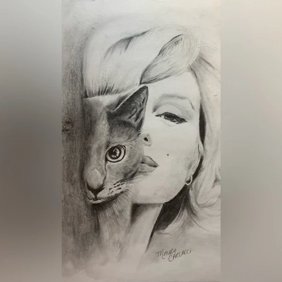 My sketch of Marilyn & Cat 9x12 Strathmore paper - unframed - Picture 3 of 3